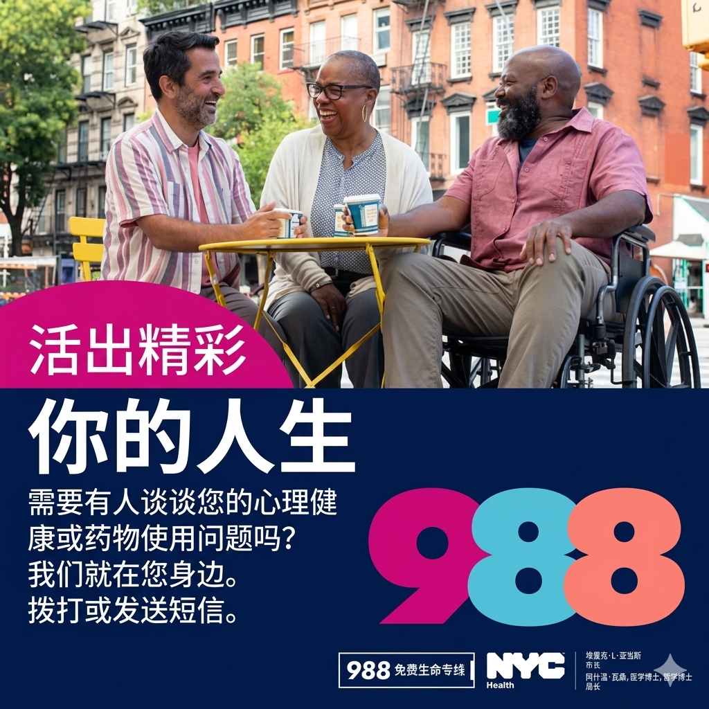处困境？纽约 988 与您同行。